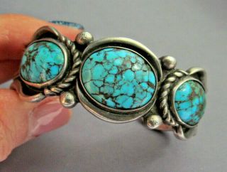 Vintage Old Pawn Sterling Oval 3 Black Widow Turquoise Sand Cast Cuff Bracelet