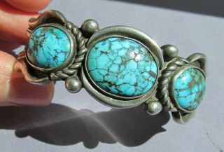 VINTAGE OLD PAWN STERLING OVAL 3 BLACK WIDOW TURQUOISE SAND CAST CUFF BRACELET 2