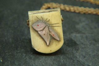 Fine Antique Victorian Japanese Shibayama Butterfly Mop Pendant 9ct Gold Chain