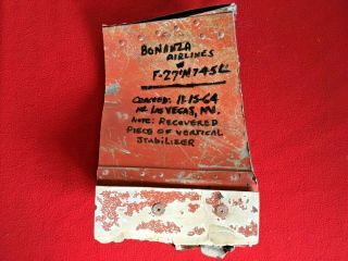 Rare Vert Stab.  Artifact From The Crash Of Bonanza Airlines F - 27 N745l - 11 - 15 - 64