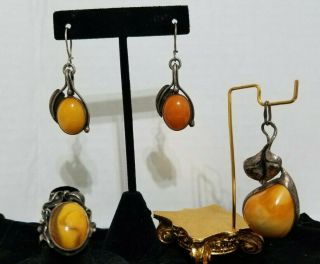 Vintage Poland Art Nouveau 800 Silver & Amber Pendant/ring/earrings Set