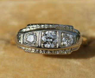 Antique Art Deco 1 Ct Round Diamond 14k White Gold Over 3 Stone Engagement Ring