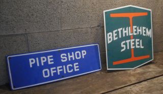 1 - Vintage Bethlehem Steel Porcelain Signs - Logo & Pipe Shop Office
