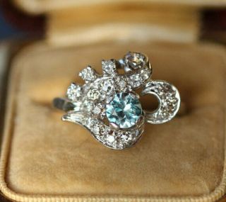 Art Deco 1 Ct Aquamarine Round Cut Diamond 14k White Gold Over Engagement Ring