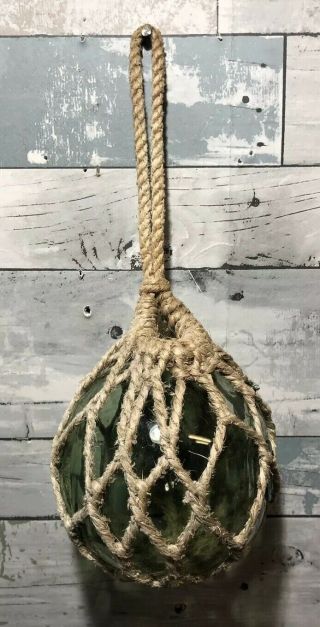 Vintage Glass Ball Fishing Float Wrapped In Rope Anchor Mark 5”