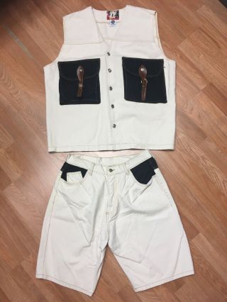 Vtg A Class White Denim Leather Vest & Shorts Set Hip Hop Streetwear Usa Made L