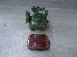 Vintage Green Foo Dog Lion Jar With Wooden Base Item A 6
