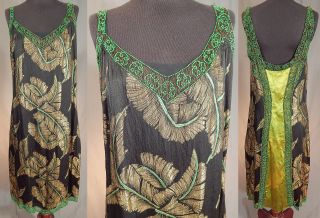 Vintage Art Deco Black Silk Gold Lamé Lame Feather Print Flapper Beaded Dress