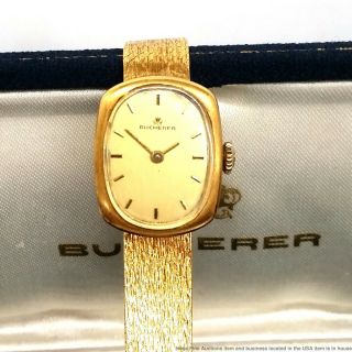 Bucherer Vintage 18k Yellow Gold Ladies Large Mid Century Watch W Orig Box