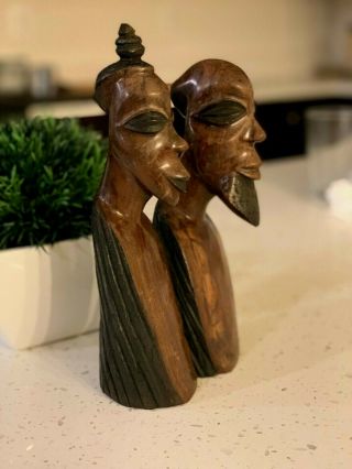 Handmade Vintage Wood Art Woman And Man Carved Bust Sculpture From Zambia