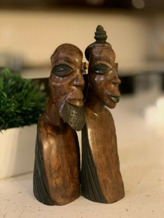 Handmade Vintage Wood Art Woman and Man Carved Bust Sculpture from Zambia 2