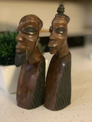Handmade Vintage Wood Art Woman and Man Carved Bust Sculpture from Zambia 3