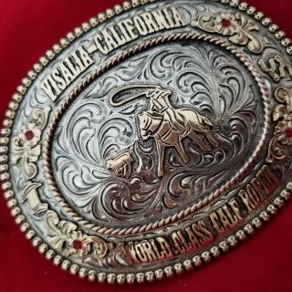 VINTAGE RODEO BUCKLE VISALIA CALIFORNIA CALF ROPING CHAMPION Hand Engraved 566 3