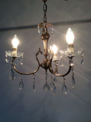 Vintage Bronze Ormulu Crystal 3 - arm French Chandelier,  c1930s. 6