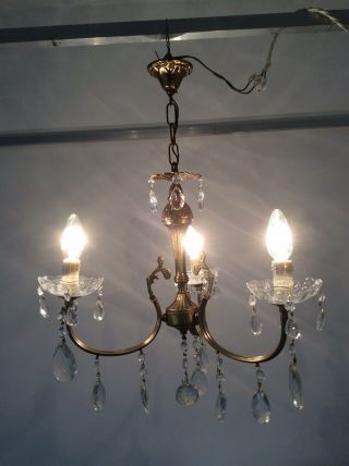 Vintage Bronze Ormulu Crystal 3 - arm French Chandelier,  c1930s. 7