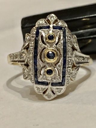 Antique 14k Gold 0.  50 Tcw Diaminds And Sapphires Art Deco Filigree Ring Sz 9