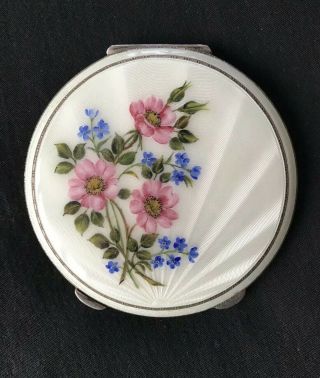 Vintage Sterling Silver And Enamel Compact With Forget Me Not And Rose Flowers