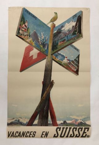 Vintage Poster Vacances En Suisse Switzerland Ski Alps Airline Travel