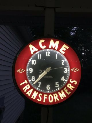 Glo Dial Vintage Electric Neon Clock Acme Transformers Red Glass 19 Inch.
