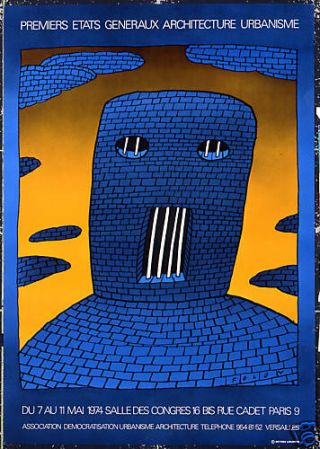 Vintage Poster Folon Urban Architecture Jail French 1974 Surreal Blue