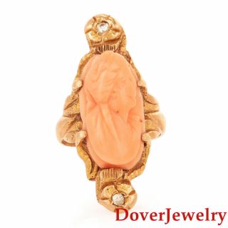 Vintage Diamond Carved Coral 10k Yellow Gold Lady Cocktail Ring 5.  8 Grams Nr