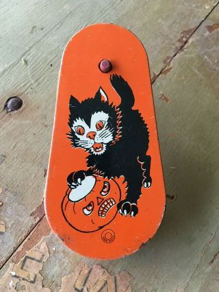 Vintage Halloween Tin Noise Maker U.  S.  A.  Black Cat Jack - O - Lantern Halloween Toy
