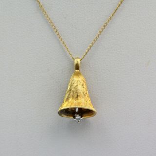 Vintage 14k Yellow Gold Bell With Articulated Diamond Clapper Pendant Necklace