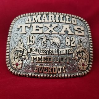 Vintage Rodeo Buckle 1982 Amarillo Texas Bull Fighter Champion Hand Engraved455