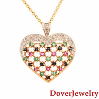 Estate Diamond Ruby Sapphire Emerald 10k Gold Heart Cluster Pendant 5.  1 Grams Nr