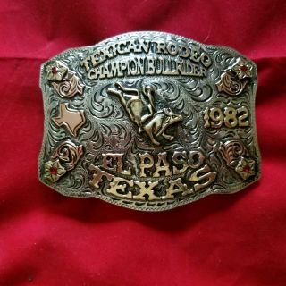 1982 Rodeo Trophy Buckle Vintage El Paso Texas Texican Bull Riding Champion 86