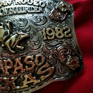 1982 RODEO TROPHY BUCKLE VINTAGE EL PASO TEXAS TEXICAN BULL RIDING CHAMPION 86 5