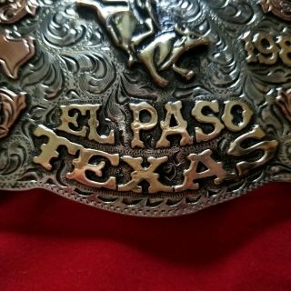 1982 RODEO TROPHY BUCKLE VINTAGE EL PASO TEXAS TEXICAN BULL RIDING CHAMPION 86 6