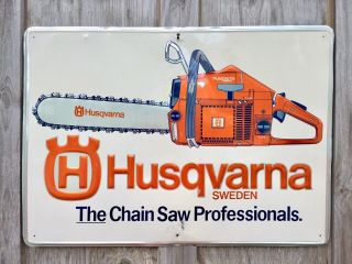L@@k Vintage Husqvarna Advertising Store Sign 20”x28” Embossed Man Cave