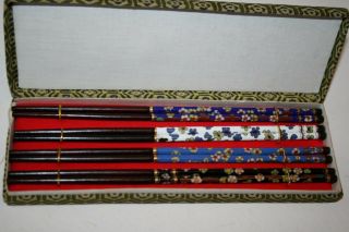 8x Vintage Cloisonne Enamel & Wood Chop Sticks Boxed Japanese Chinese Table Ware