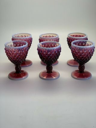 Rare Vintage Fenton Hobnail Plum Opalescent Goblets - Set of 6 3