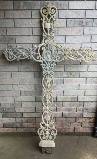 Antique French Cast Iron Cross Crucifix Jesus Cemetry Marker Architectual 5 Ft