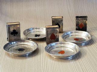 4) Sterling Silver Enameled Trays,  Match Box Holders W/card Suits