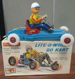 Vtg Rosko Toys Battery Operated Lite - O - Wheel Go Kart Orig Box Near Tn Japan