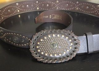 Versace Brown Leather Oval Buckle Studded Medusa Head Belt Vintage Rare 90s