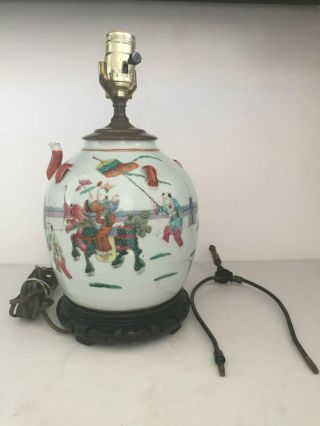 Antique Famille Verte Chinese Porcelain Jar Vase Lamp Ceremonial Scene Drilled