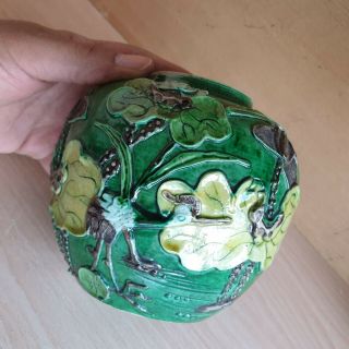 3 Old Antique Chinese Porcelain Green Jar Vase,  Hand Painted Carved 3