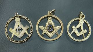 Three Antique 9k (375) Solid Gold Marked Masonic Pocket Watch Chain Fobs/ Pendants