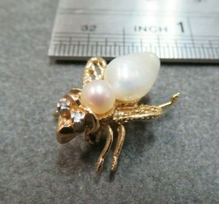 Vtg 14k Solid Gold Pearl Diamond Bee Brooch Pin Pendant Flying Insect/ 2.  61 G