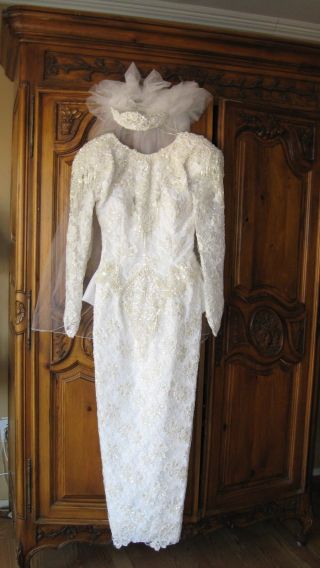 Vintage Wedding Gown Beaded And Pearls,  Sequences Matching Veil Size S Demetrios