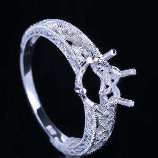 Real 14k White Gold Antique Vintage Semi Mount Setting Engagement Ring 8mm Round