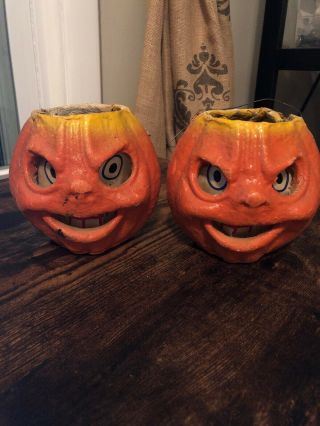2 Vintage Halloween Paper Mache Pulp Grinning Pumpkin Jack O Lanterns