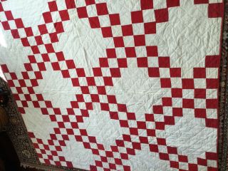 Vtg Handmade Red And White Quilt Done In The Block Pattern 80 X 82