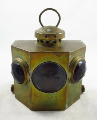 Antique Brass Maritime (3) Lens Stern Lantern Light W/ Bracket Facet Cut Glass