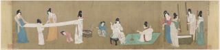 Chinese Antique Painting Ladies Preparing Newly Woven Silk Tang Dynasty Figures