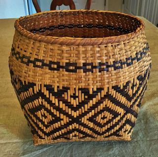 Vintage Native American Weaved Cane Basket Square Bottom Round Top Opening